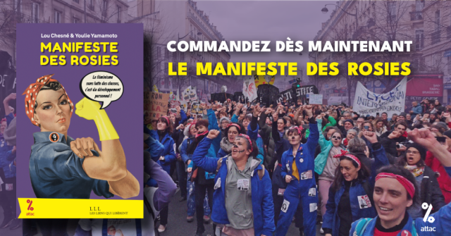 Bannière/Affiche d'annonce du {Manifeste des Rosies}. En fond de bannière on voit un cortège de Rosies. Sur la gauche on voit la première de couverture du manifeste avec une femme en bleu de travail, gant jaune et foulard rouge à pois blanc dans les cheveux.